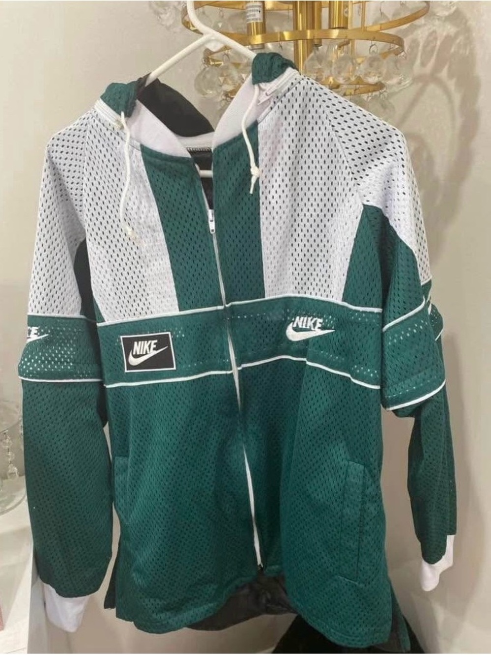 Vintage 90s Hunter Green and White Mesh track jacket with huge Nike letters